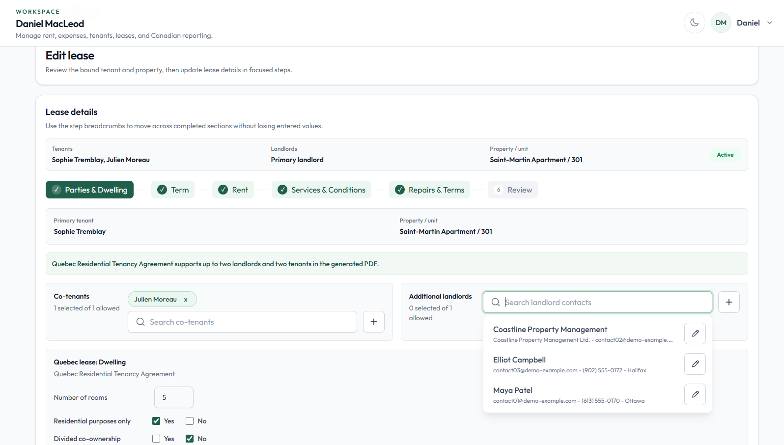 Lease details workflow with tenants, property, and agreement sections