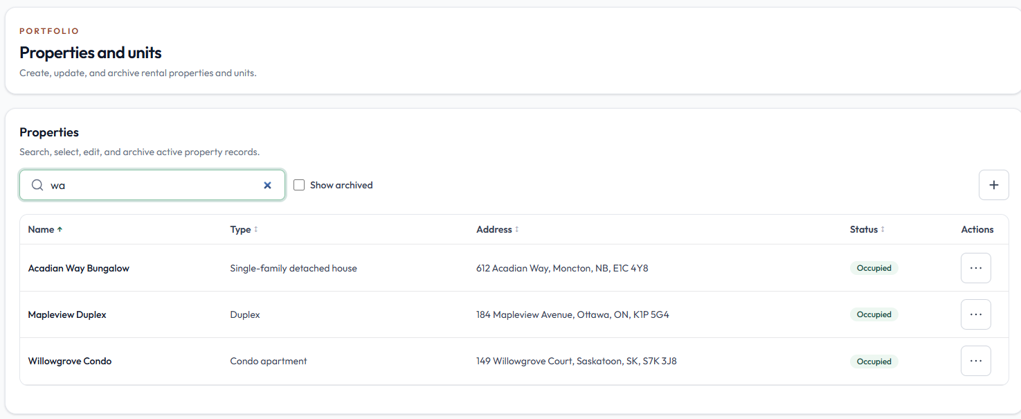 Searchable properties and units list with occupancy status